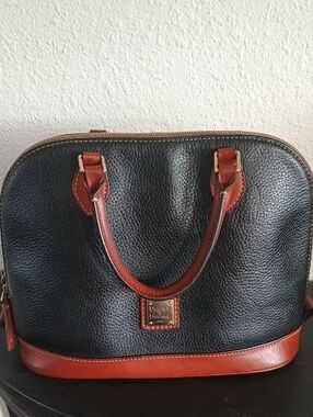 Dooney & Bourke Black Pebbled Leather Dome Satchel with Brown Trim